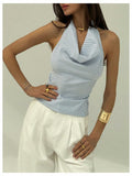 SOLY HUX Women's Striped Deep V Neck Bow Tie Backless Halter Top Blue Size S by Deal US