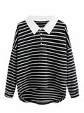 LilyCoco Women Long Sleeve Polo Striped Sweatshirt Black Size Small by Deal US