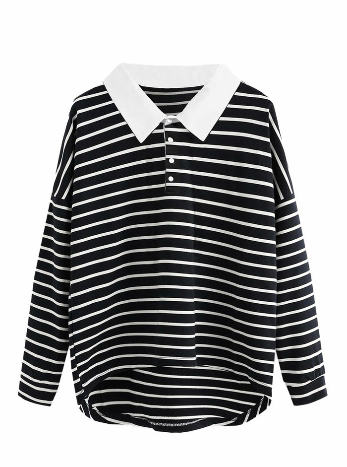 LilyCoco Women Long Sleeve Polo Striped Sweatshirt Black Size Small by Deal US