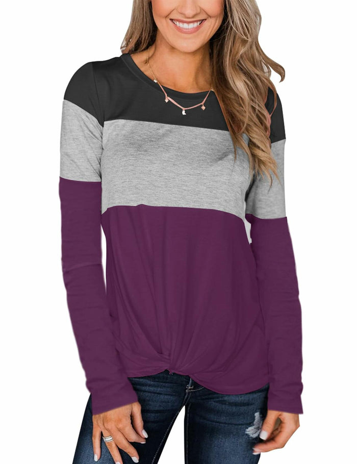 Minthunter Women's Long Sleeve Color Block T Shirt Black-GR-Purple Size L by Deal US