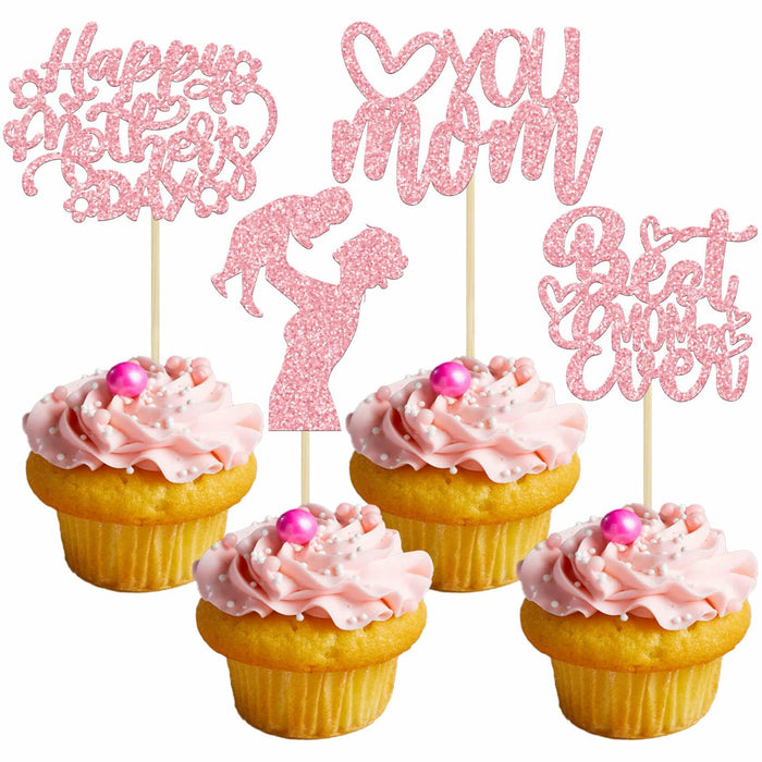 Gyufise 24-Pack Pink Mother’s Day Cupcake Toppers Love You Mom Cake Picks by Deal US