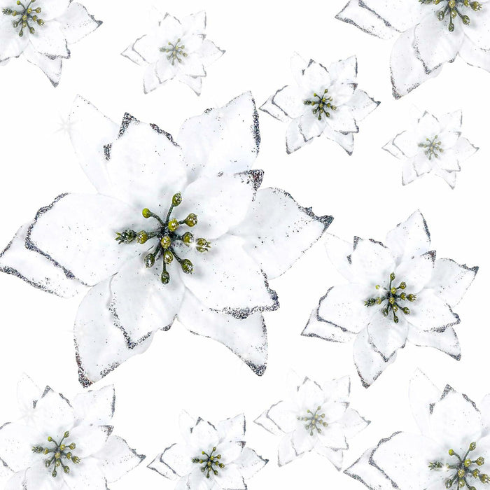 KEPATO Christmas Glitter Poinsettia Christmas Tree Ornaments Pack of 12 (White) by Deal US