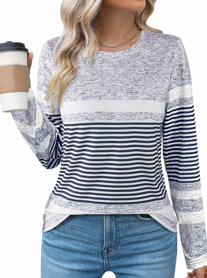 LilyCoco Womens Striped Shirt Color Block Crewneck Long Sleeve T Shirt Grey S by Deal US