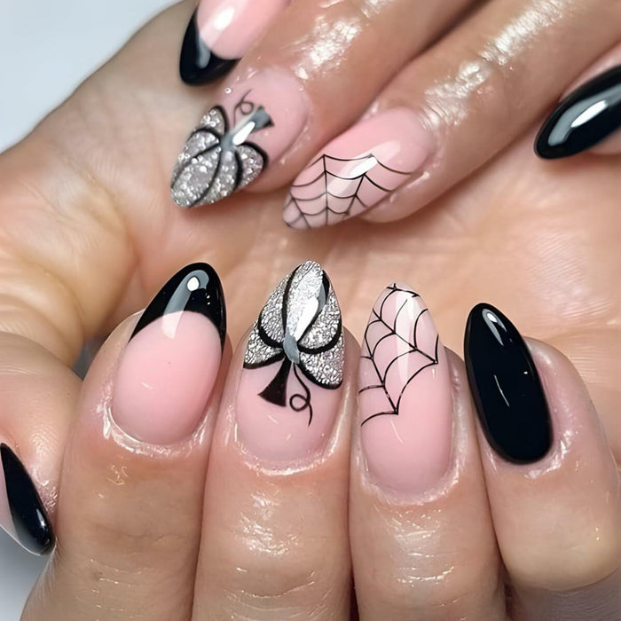24PCS Halloween Short Almond Press-On Nails Pink & Black Pumpkin Spider Web by Deal US
