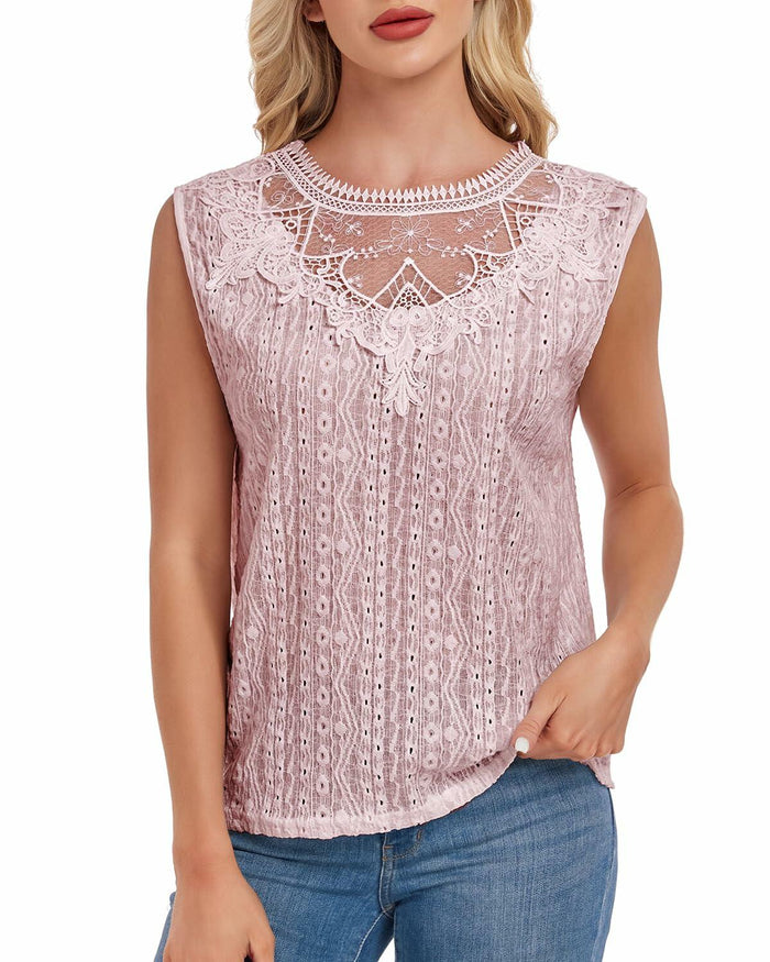 AGWISH Women’s Sleeveless Ruffle Lace Blouse Semi Sheer Floral Light Pink XL by Deal US