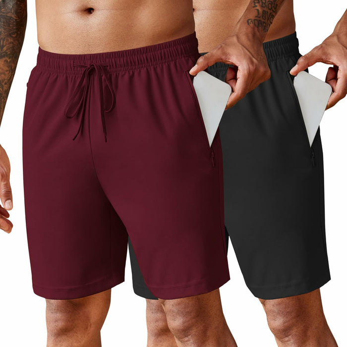 COOFANDY Men’s 7" Workout Gym Shorts 2-Pack Lightweight with Zipper Wine/Black by Deal US