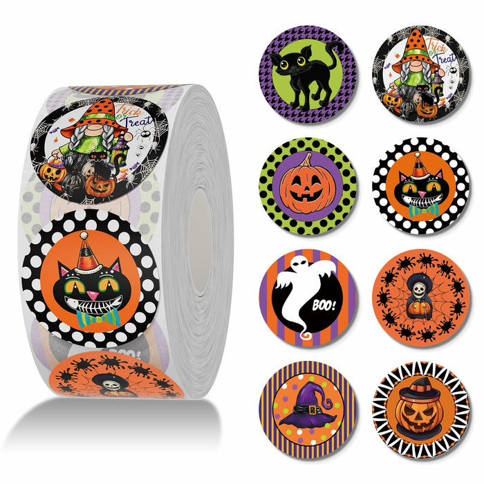 ZAEW Halloween Sticker Roll 500pcs 1.5" Gnome Pumpkins Cats Ghost Colored by Deal US