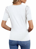 DOROSE Women's V Neck Puff Sleeve T Shirt White Size M by Deal US