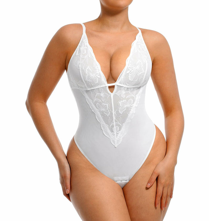FeelinGirl Shapewear Tummy Control Lace Bodysuit V Neck Low Back White Size S by Deal US