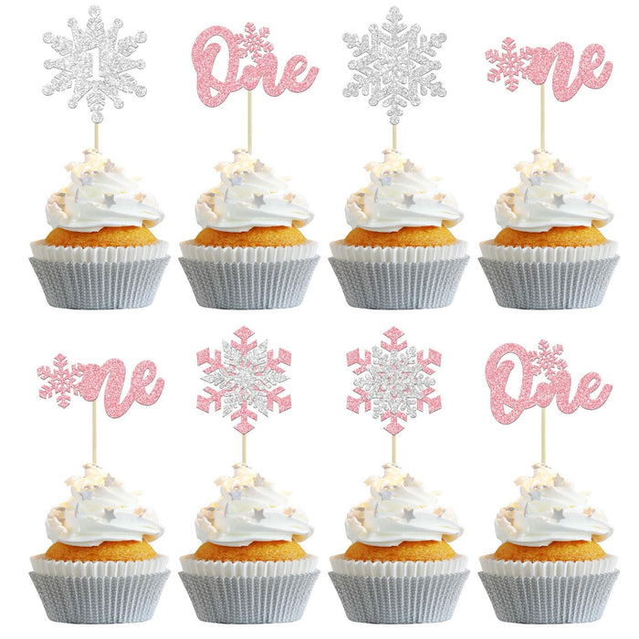 Gyufise 24Pcs Double Layer Pink Glitter Snowflake Cupcake Toppers Paper by Deal US