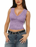 SAUNGKUAI Women's Sexy V Neck Sleeveless Lace Floral Top PinkPurple Size XL by Deal US