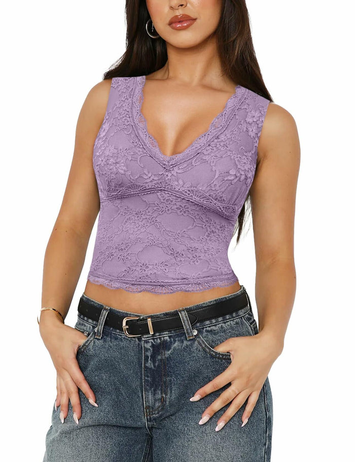 SAUNGKUAI Women's Sexy V Neck Sleeveless Lace Floral Top PinkPurple Size XL by Deal US