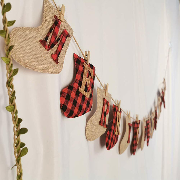 KINNJAS Merry Christmas Burlap Sock Banner 28 Piece Cotton Decoration by Deal US