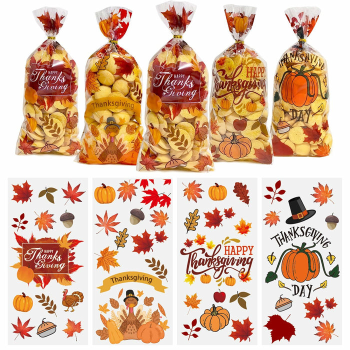 QOIUSO 100PCS Thanksgiving Treat Bags with 110 Twist Ties Pumpkin Leaf by Deal US