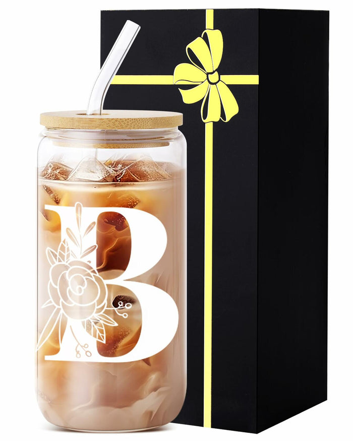 Monogrammed Glass Tumbler Cup with Lid & Straw Personalized Gift OPEN BOX by Deal US