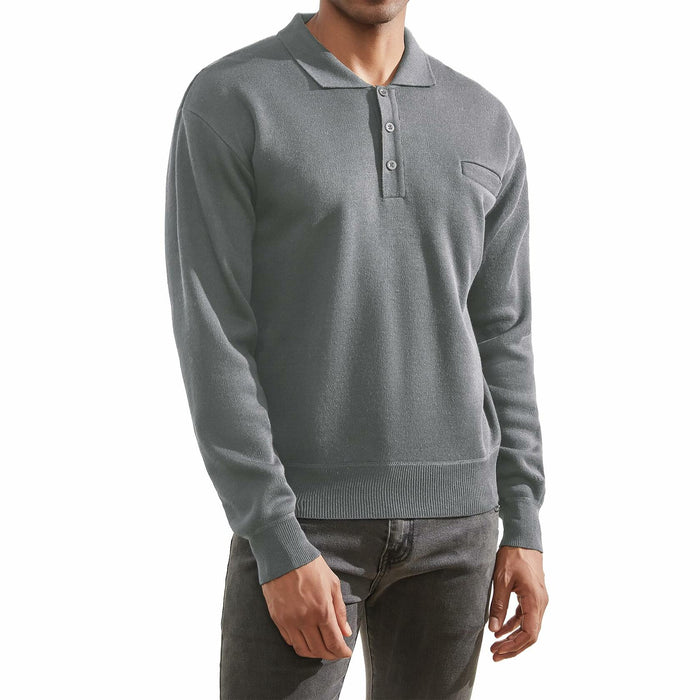 Thkzn Men’s Knit Polo Sweater Grey Long Sleeve Fleece Lined XL Classic by Deal US