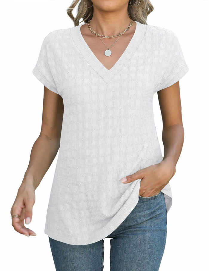 Micoson Women’s V Neck T-Shirt Short Sleeve Loose Fit Casual Top White L by Deal US