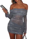 Uni Clau Women’s Grey Off-Shoulder Sparkly Mini Dress XL | Long Sleeve Y2K by Deal US