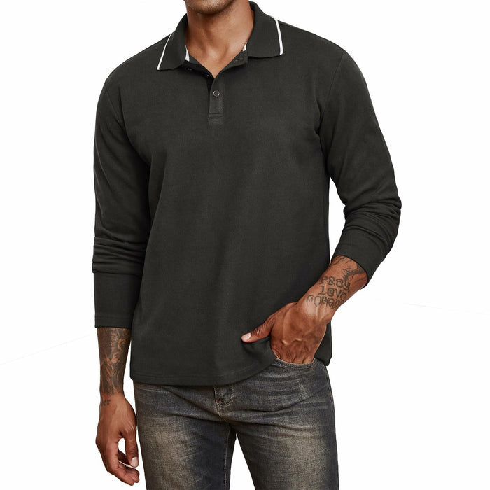 Thkzn Men’s Fleece Lined Polo Shirt Long Sleeve Button Golf Casual Black 2XL by Deal US