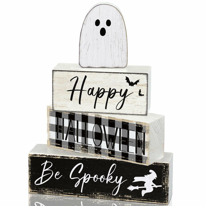 Yalikop Halloween Ghost Table Decor Wooden Block Signs Farmhouse 4 Pcs by Deal US