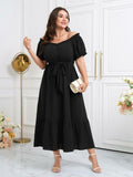 SCOMCHIC Plus Size Off Shoulder Puff Sleeve Maxi Dress Belt Black Size 3X by Deal US
