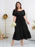 SCOMCHIC Plus Size Off Shoulder Puff Sleeve Maxi Dress Belt Black Size 3X by Deal US