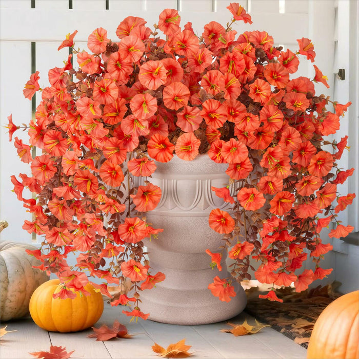 HyeFlora Fake Mums Artificial Fall Hanging Flowers 2 PCS Orange Brown Leaves by Deal US