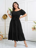 SCOMCHIC Plus Size Off Shoulder Puff Sleeve Maxi Dress Belt Black Size 3X by Deal US