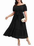 SCOMCHIC Plus Size Off Shoulder Puff Sleeve Maxi Dress Belt Black Size 3X by Deal US