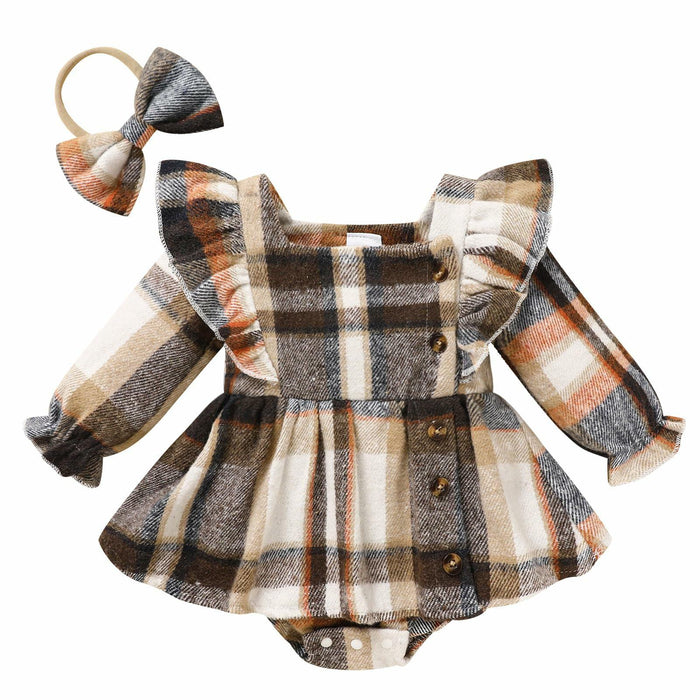 TITKKOP Baby Girl Plaid Romper Dress Bow Headband Khaki Size 6-12M by Deal US
