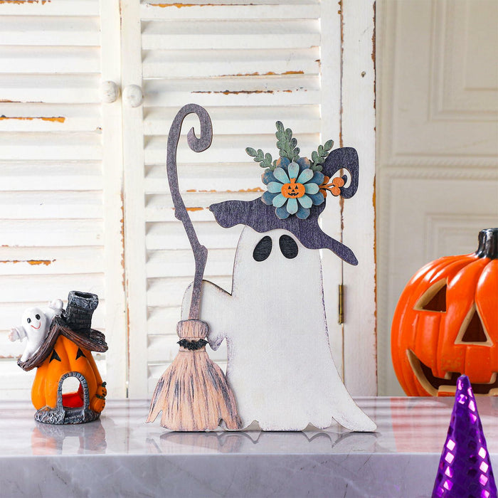 Yousoontic Wooden Halloween Ghost Witch Tabletop Decor 11x7.9in Black White by Deal US