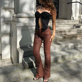 Kodaruber Women Faux Leather High Waisted Flare Pants Light Brown Size M by Deal US