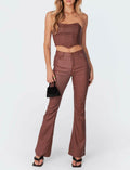 Kodaruber Women Faux Leather High Waisted Flare Pants Light Brown Size M by Deal US