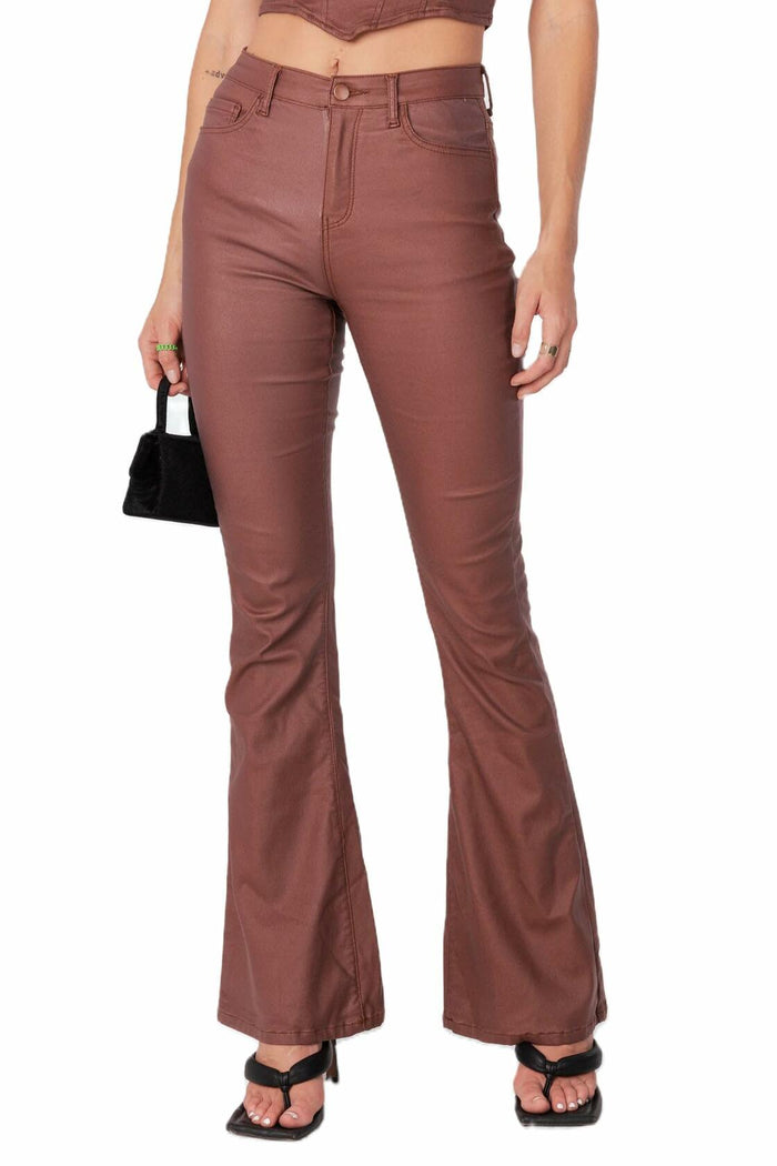 Kodaruber Women Faux Leather High Waisted Flare Pants Light Brown Size M by Deal US