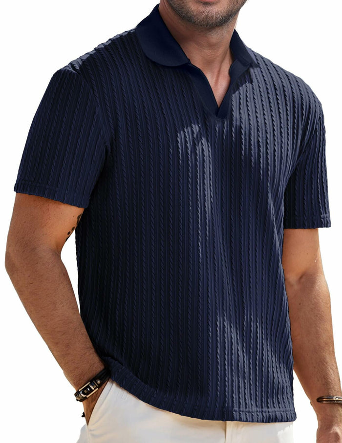 Knit Polo Shirt Men V Neck Buttonless Short Sleeve Navy Size M by Deal US