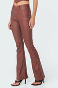 Kodaruber Women Faux Leather High Waisted Flare Pants Light Brown Size M by Deal US