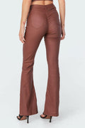 Kodaruber Women Faux Leather High Waisted Flare Pants Light Brown Size M by Deal US