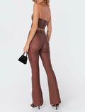 Kodaruber Women Faux Leather High Waisted Flare Pants Light Brown Size M by Deal US