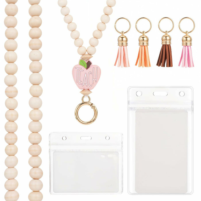 Bremorou Teacher Lanyard with ID Holder, Pink Wooden Beaded Boho Tassel by Deal US