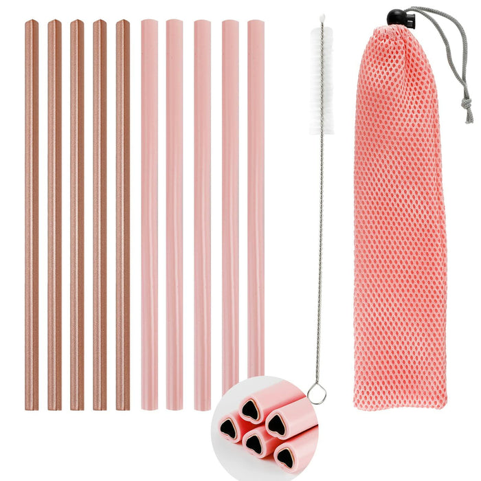 Fepibur 10Pcs Pink Heart Stainless Steel Straws with Silicone Tips & Brush by Deal US