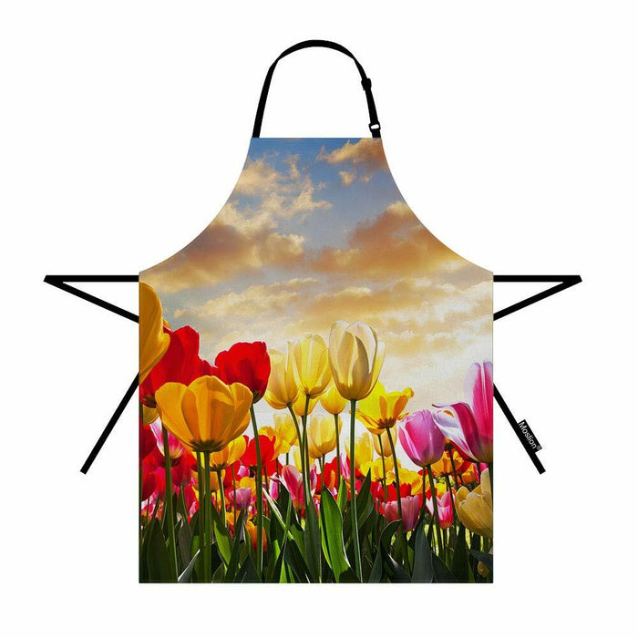 Moslion Tulip Apron Floral Pink Yellow Green Adjustable Neck Size 27x31 Inch by Deal US