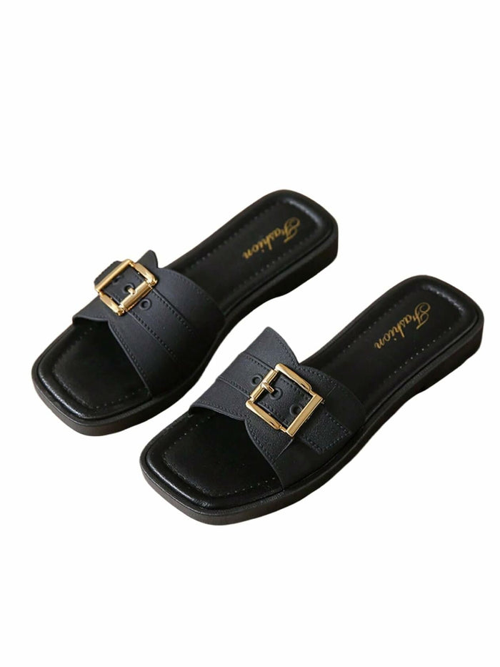 COZYEASE Women’s Slip-On Flat Sandals Square Open Toe Slide Buckle Black 8.5 by Deal US