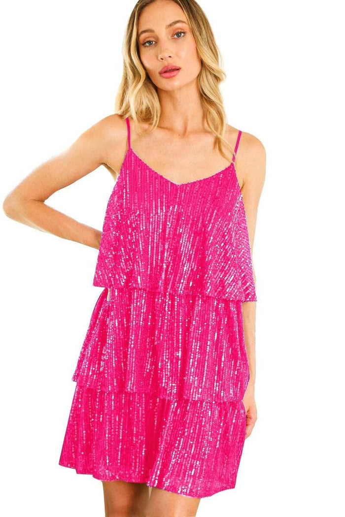 FANSI NOVA Women’s Glitter Sequin Dress V-Neck Spaghetti Strap Hot Pink M by Deal US