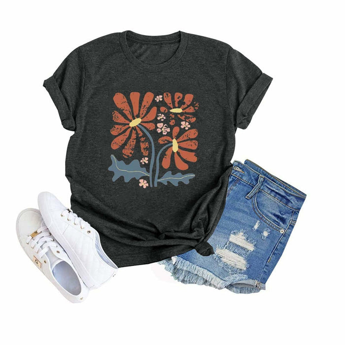 Floral Graphic Boho Women T-Shirt Vintage Wildflower Print Round Neck Small by Deal US
