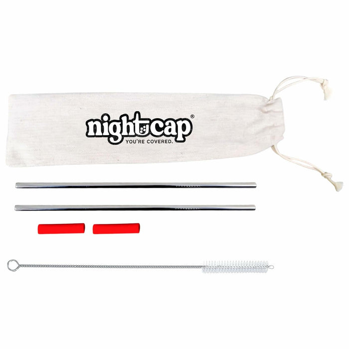NightCap Straw Kit 2 Reusable Stainless Steel Straws w Brush Pouch Tips by Deal US