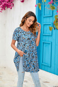 ENMAIN Women’s Plus Size Short Sleeve Top Flare Tunic Loose Fit Blue Paisley by Deal US