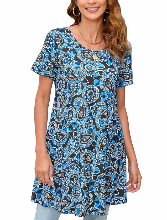 ENMAIN Women’s Plus Size Short Sleeve Top Flare Tunic Loose Fit Blue Paisley by Deal US