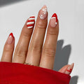 Short Almond Press-On Nails Red French Tip White Snowflake Fake Nails 24PCS by Deal US