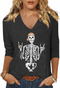 Women Skeleton Halloween V Neck Shirt 3/4 Sleeve Skull Top XL Grey by Deal US