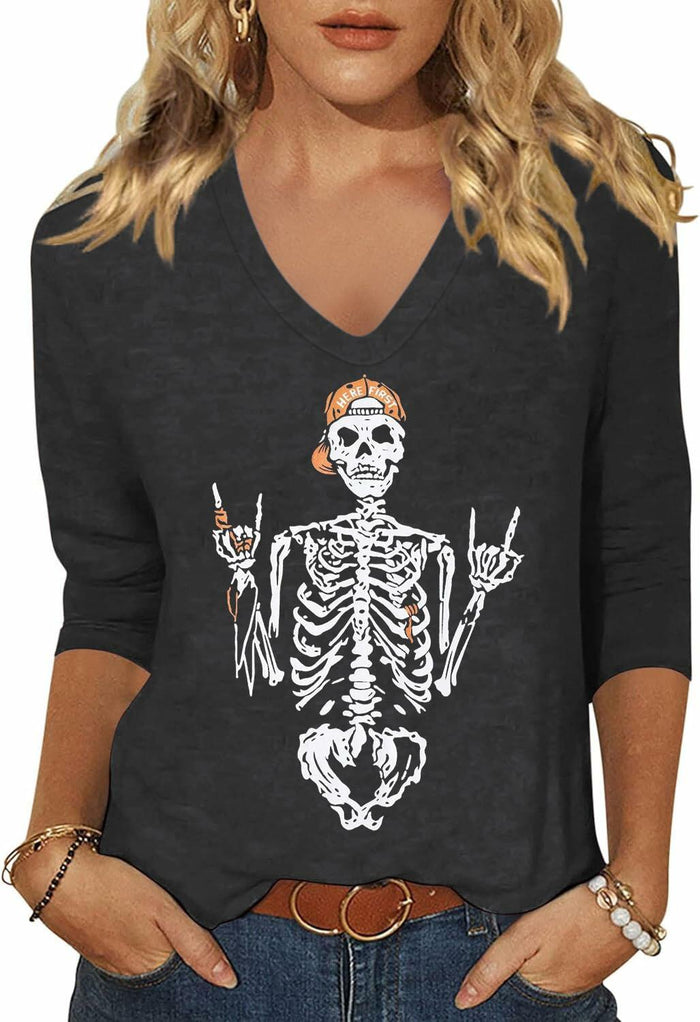 Women Skeleton Halloween V Neck Shirt 3/4 Sleeve Skull Top XL Grey by Deal US